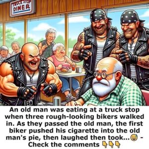 At a truck stop, an elderly man was enjoying his meal when three rough-looking bikers walked in.