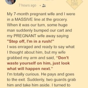 An impolite man intentionally bumps into a pregnant woman while she is waiting in line, and she immediately destroys him.